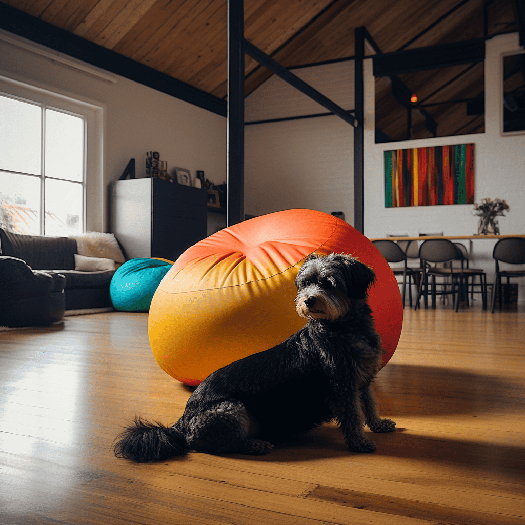 a_beanbag_in_the_centre_of_the_room_a_black_four_legged_chair